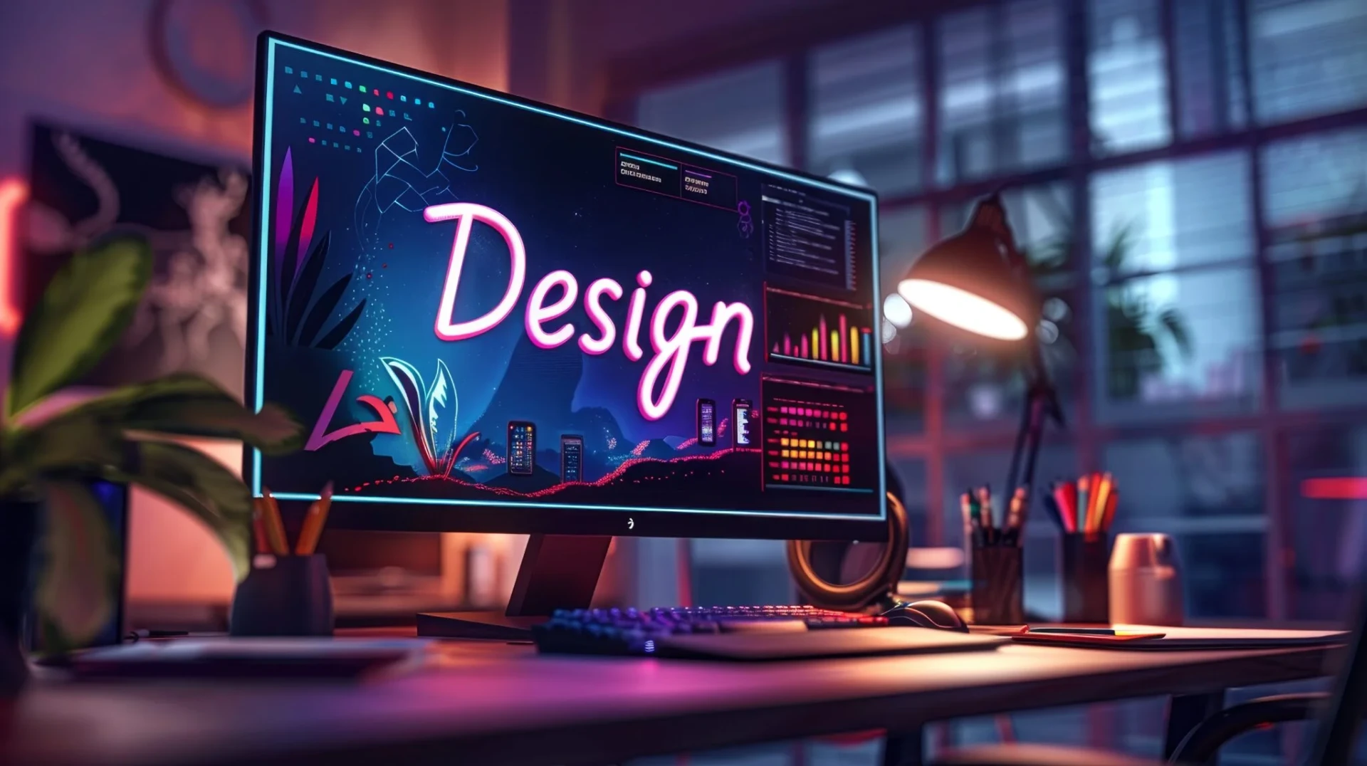 Creative workspace with a monitor displaying website design