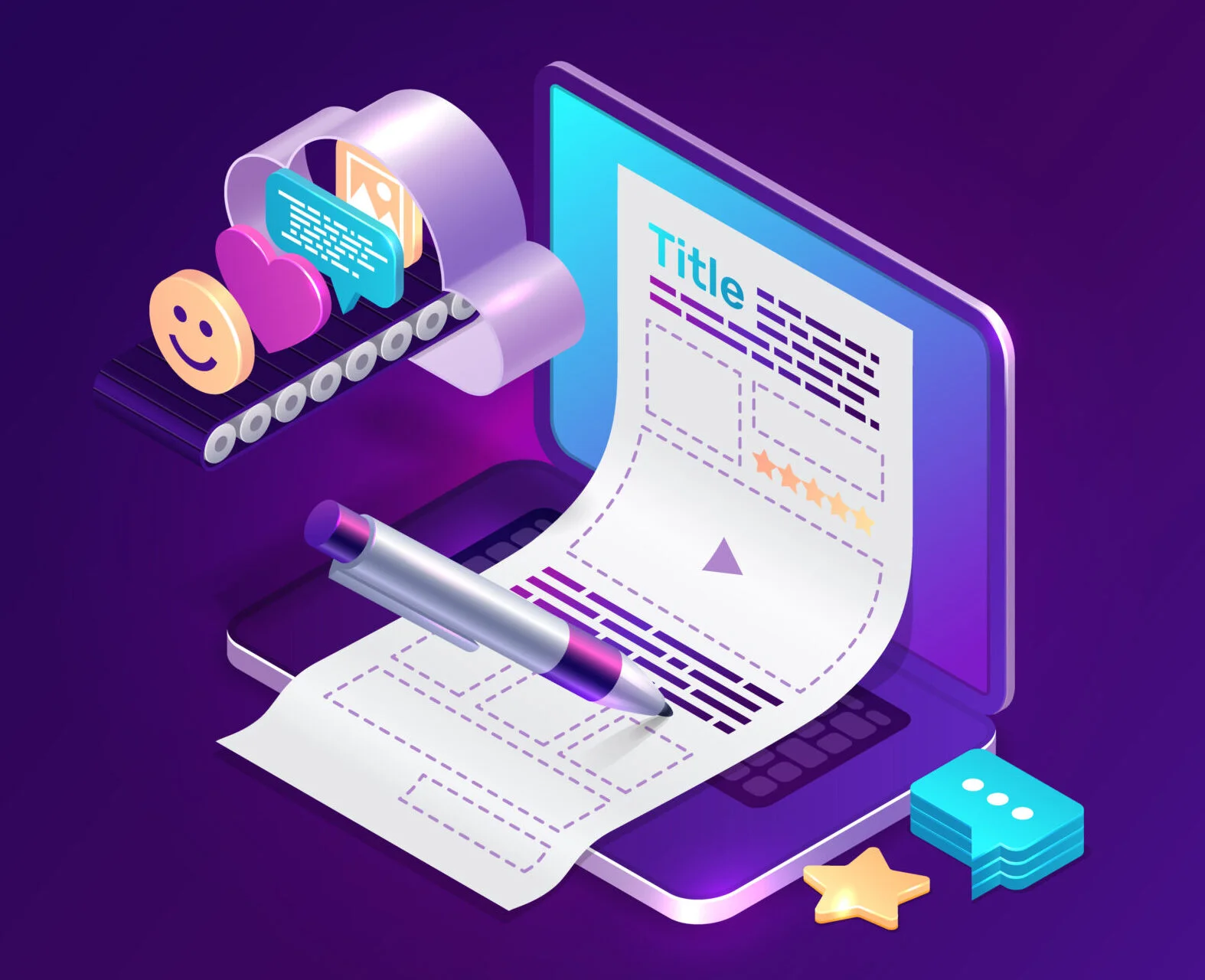 Isometric illustration of AI-assisted content writing on a laptop