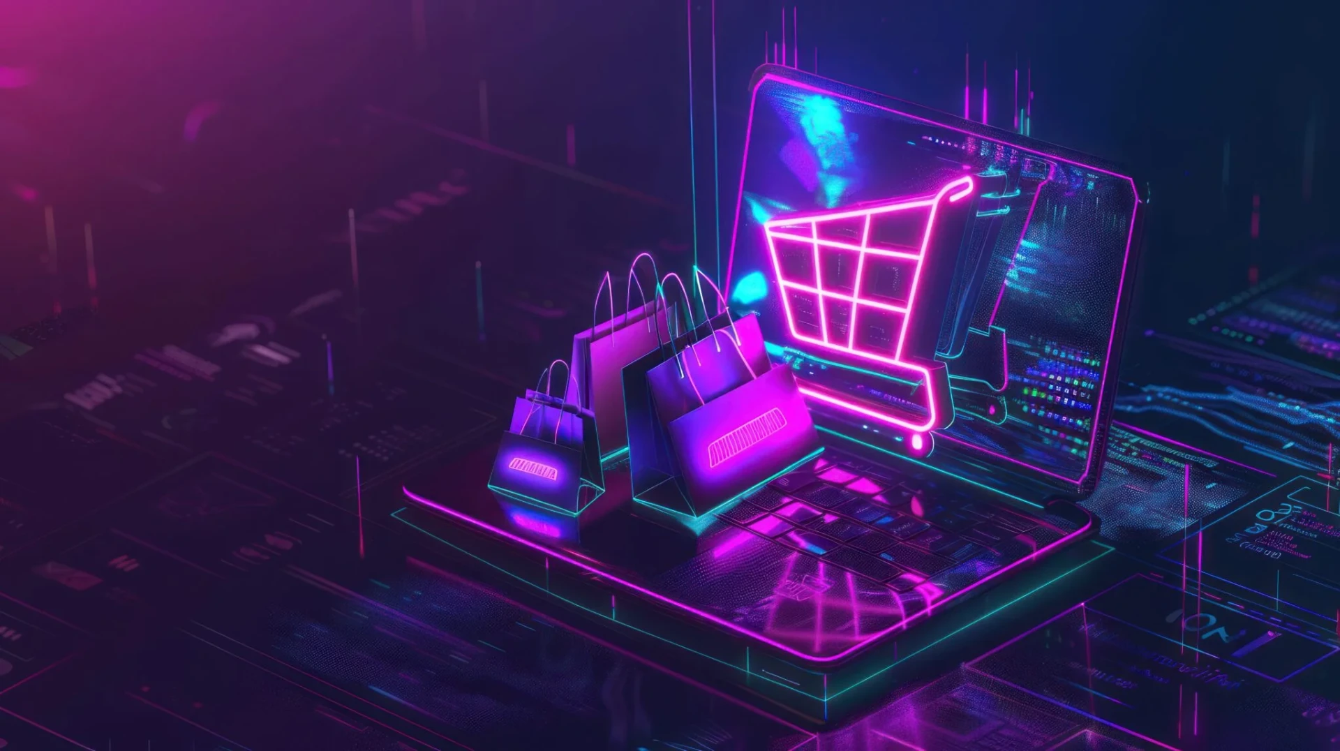 Neon shopping cart and shopping bags on a laptop