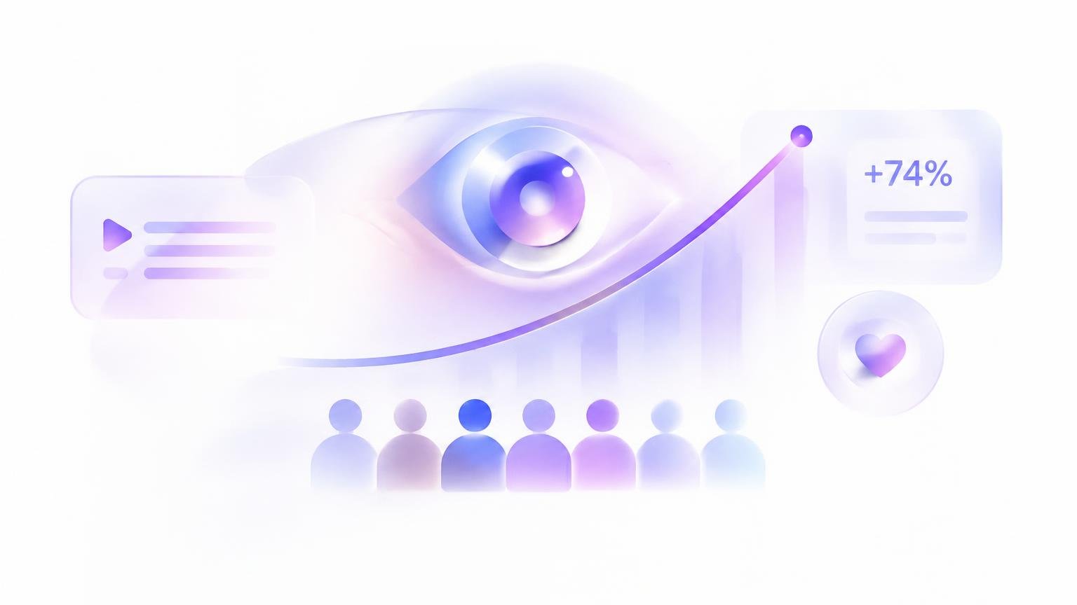 Glowing eye above an audience with a rising engagement curve