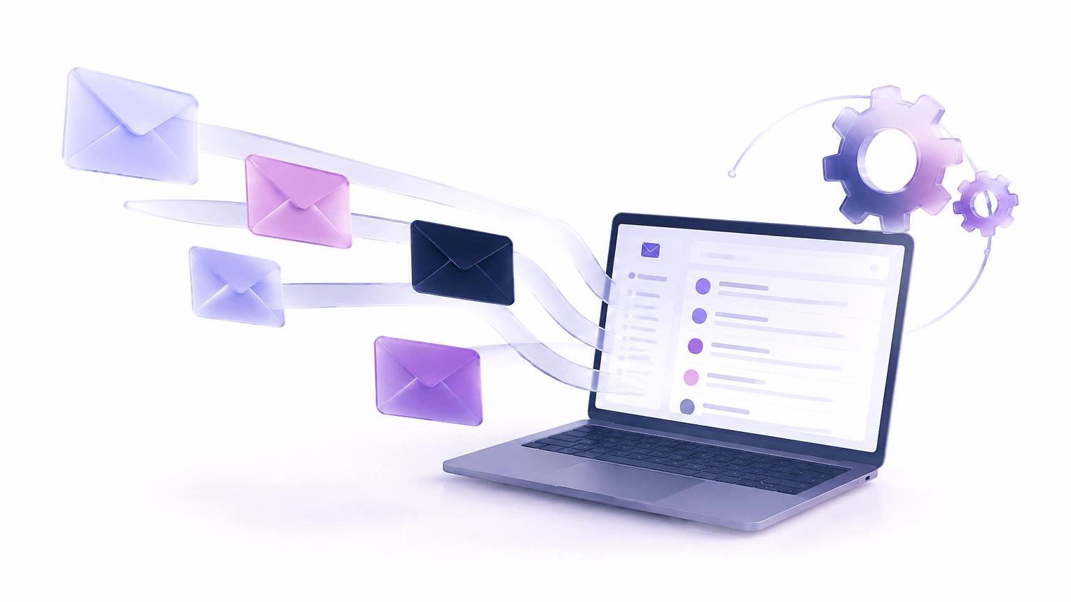 Email envelopes flowing into a laptop inbox with settings gears