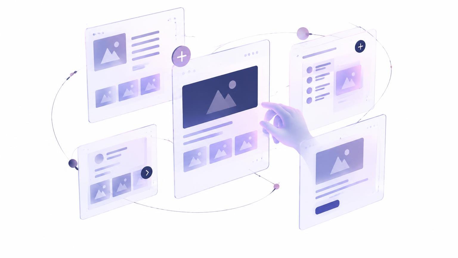 Floating website wireframe panels being rearranged by hand